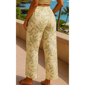 Tahari Wide Leg Pants 100% Linen Tropical Leaf Print Cropped Pockets Resort Vaca